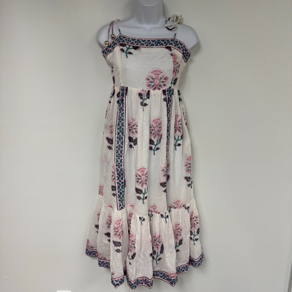 Oliphant Floral Milkmaid Dress Small White Smocked Prairie Ruffle Midi Dress
